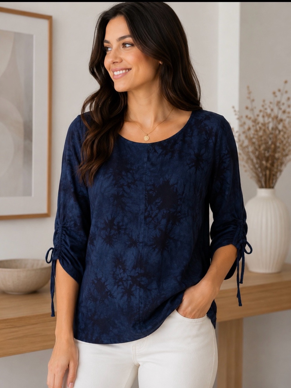 Tahari Navy Tie-Dye Ruched Sleeve Scoop Neck Top